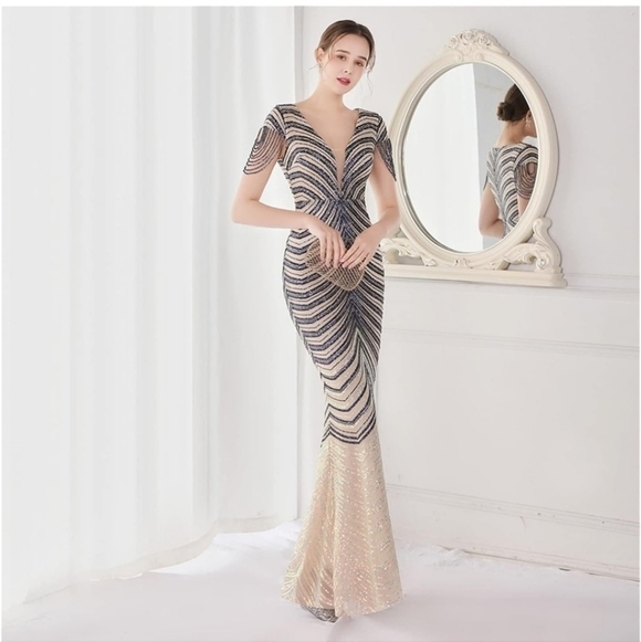 Navy/Ivory , Short Rhinestone Sleeves,  Sequined,  V Neck, Mermaid Maxi … - Picture 9 of 16